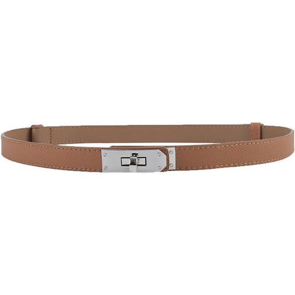 Women\'s Skinny Leather Belt Adjustable Turn-Lock Buckle Ideal Caramel Silver
